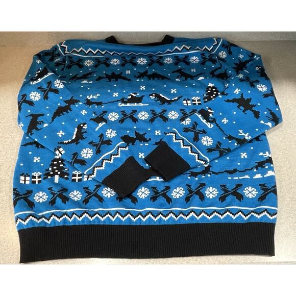 Excision Christmas Sweater Blue Pixelated Pattern Dinosaurs Men’s Size Large EUC - Picture 7 of 10